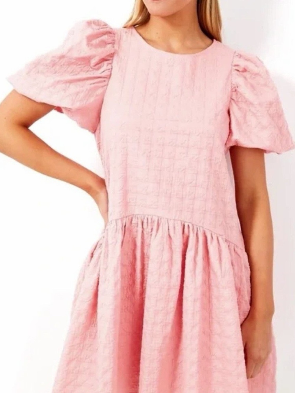 English Factory Pink Textured Puff Sleeve Mini Dress Size M